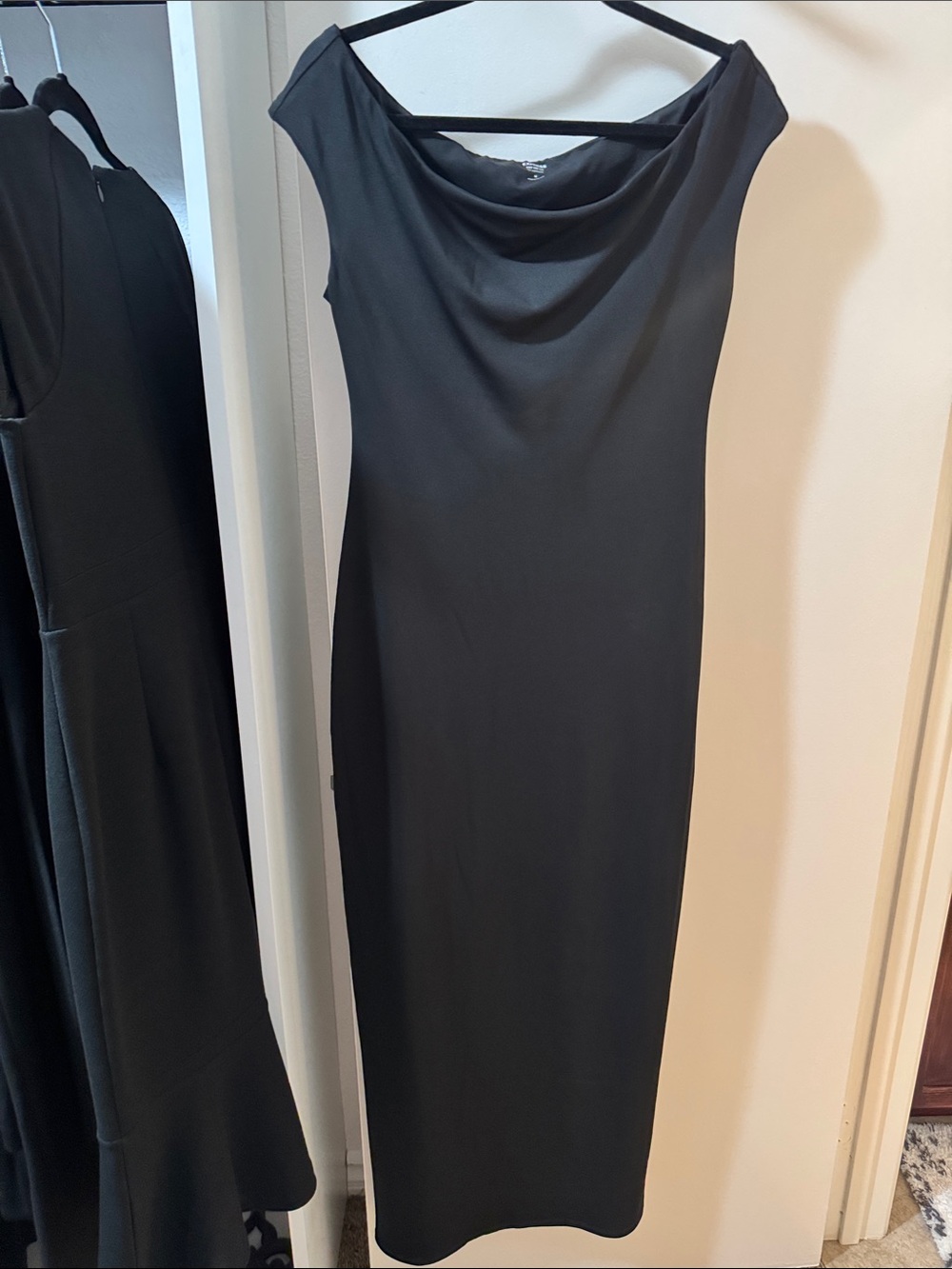 Sleek Black Cowl-Neck Midi Dress